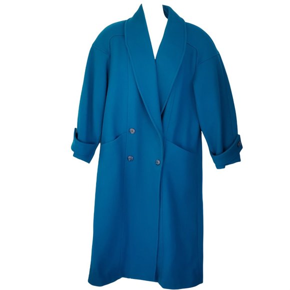 Vintage 80s Central Park Blue Wool Long Box Coat Women's 12 Lined Deep Pockets - Picture 1 of 12